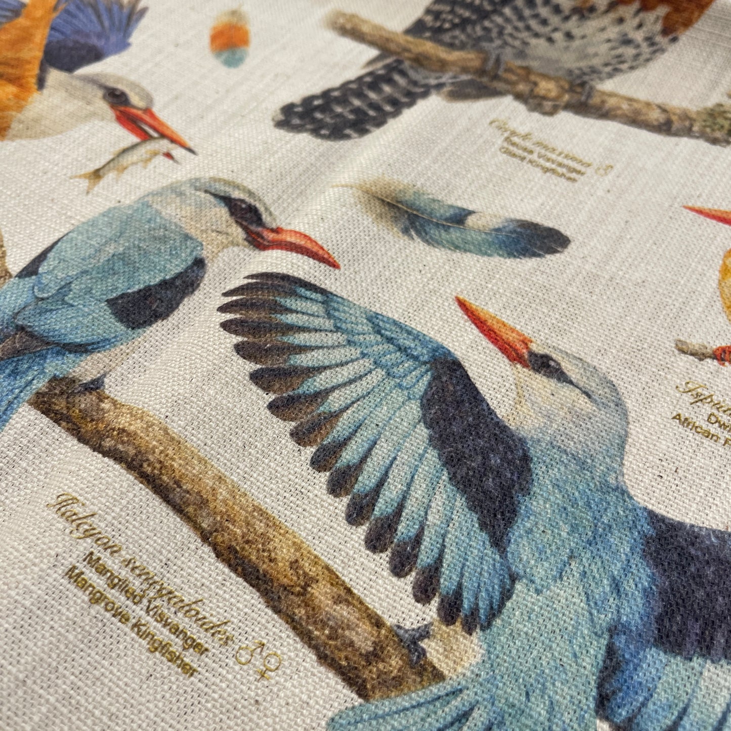 Close-up of a fabric with detailed illustrations of birds on branches.