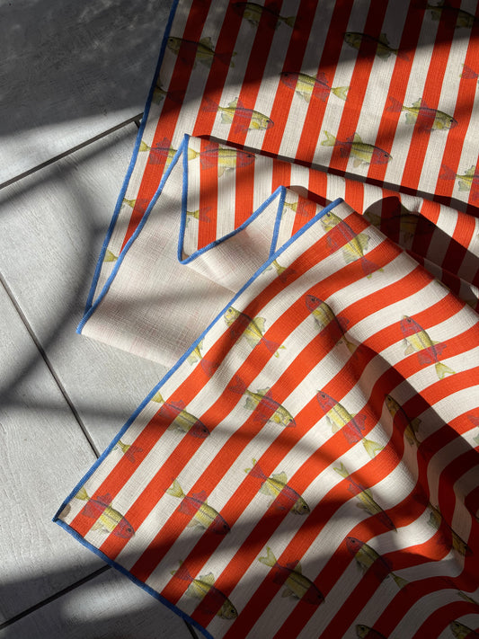 Orange Stripe with Fish pattern Fabric design by The Coocoo Club